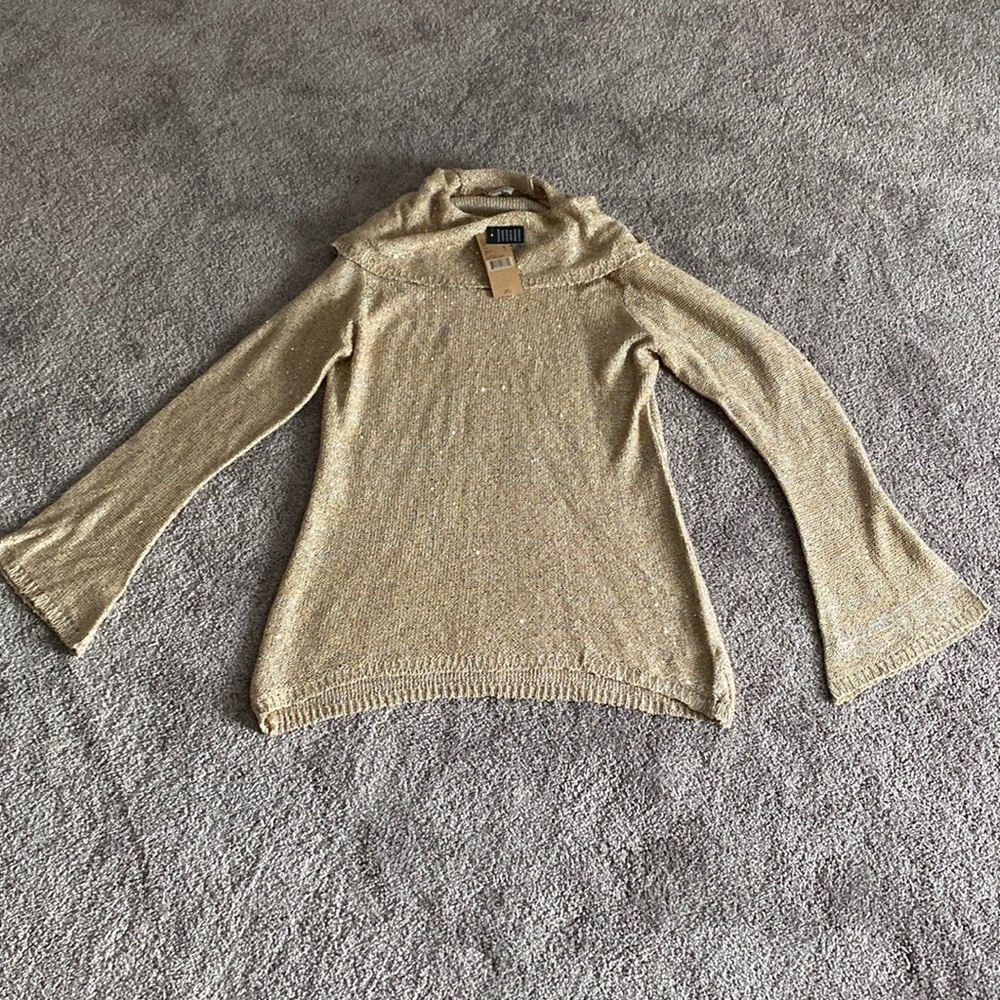 Daniel Cremieux Metallic Knit Bell Sleeve Cowl Neck Sweater SIZE M Gold
